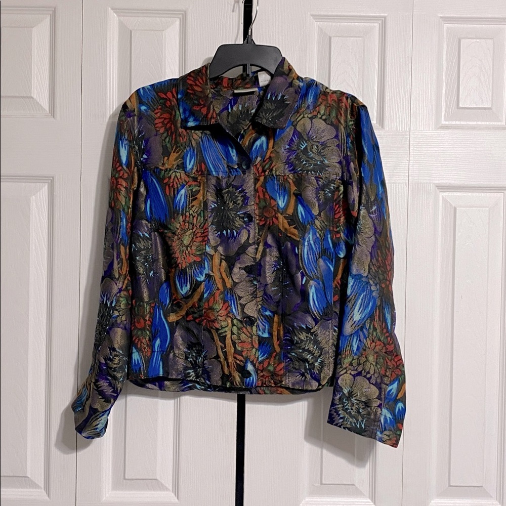 Chicos floral silk blend button down jacket size MEDIUM